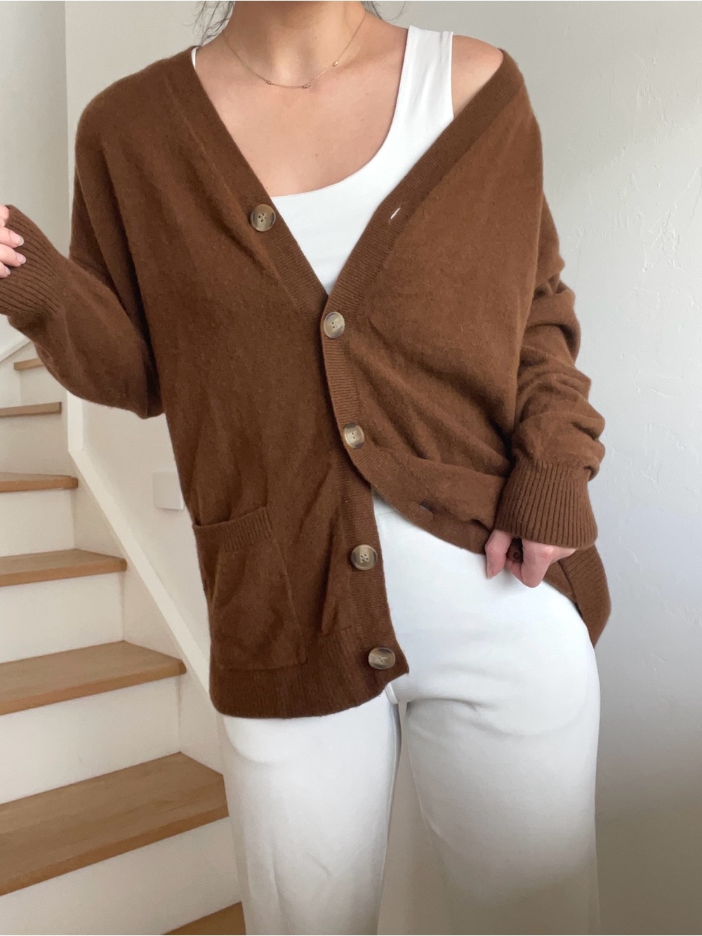 Naadam 100% Cashmere Boyfriend Brown Button Front Cardigan Sweater Size Large